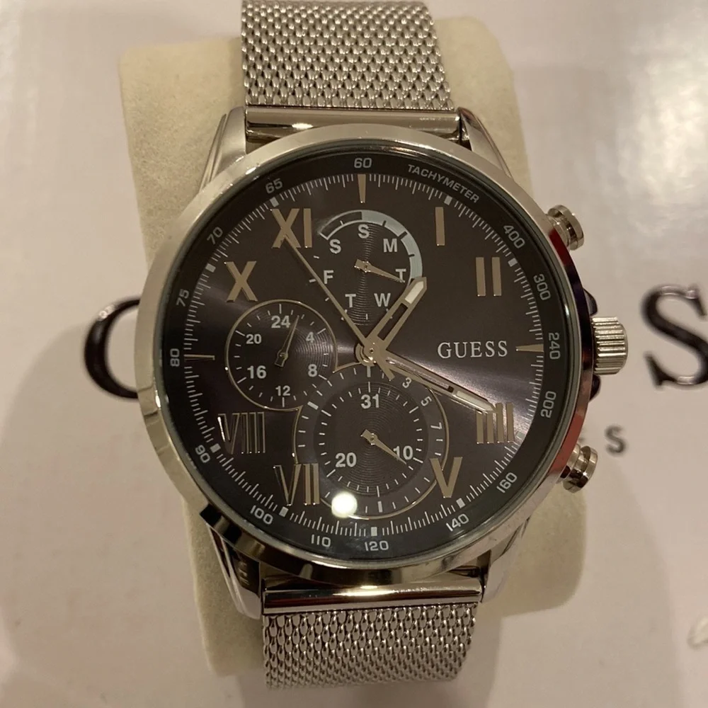 Silver-Tone And Grey Mesh Multifunctional Watch